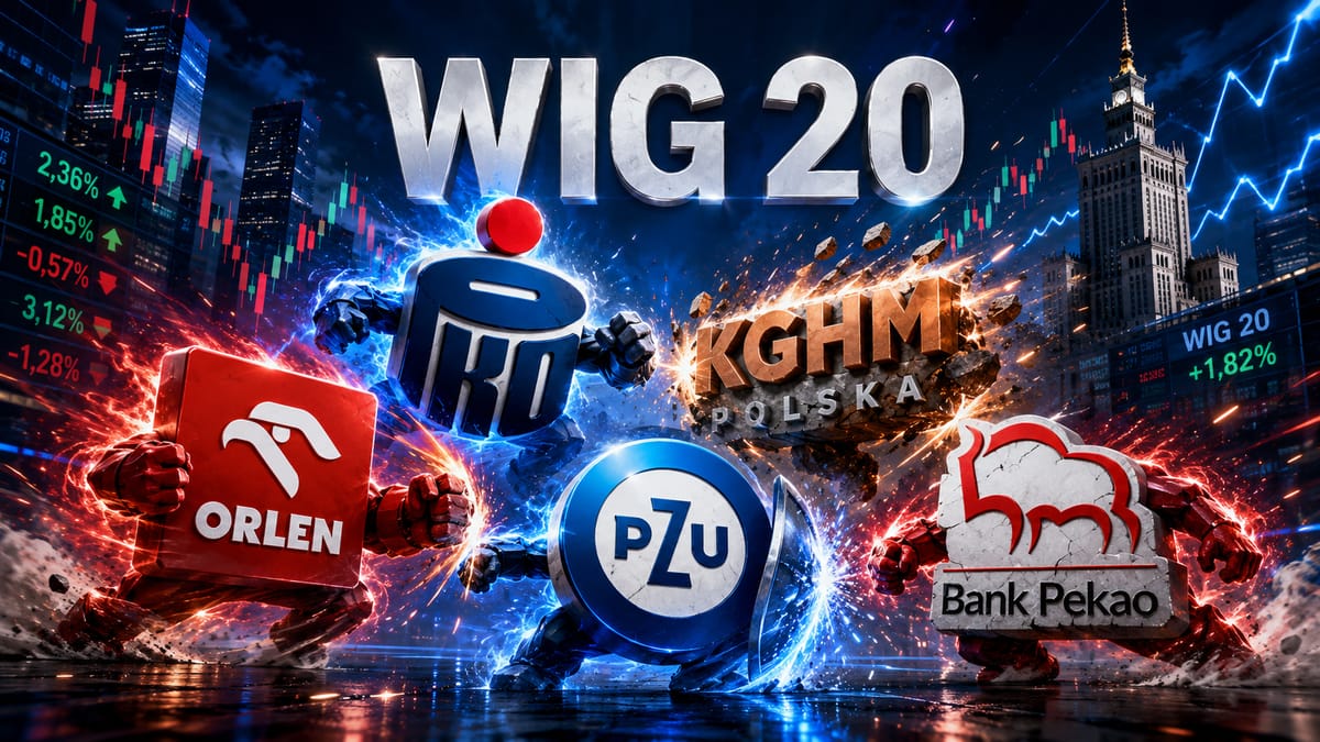 WIG20 w 2026 - 20 spółek, 11 sektorów, ceny akcji od 9,47 zł do 21 880 zł